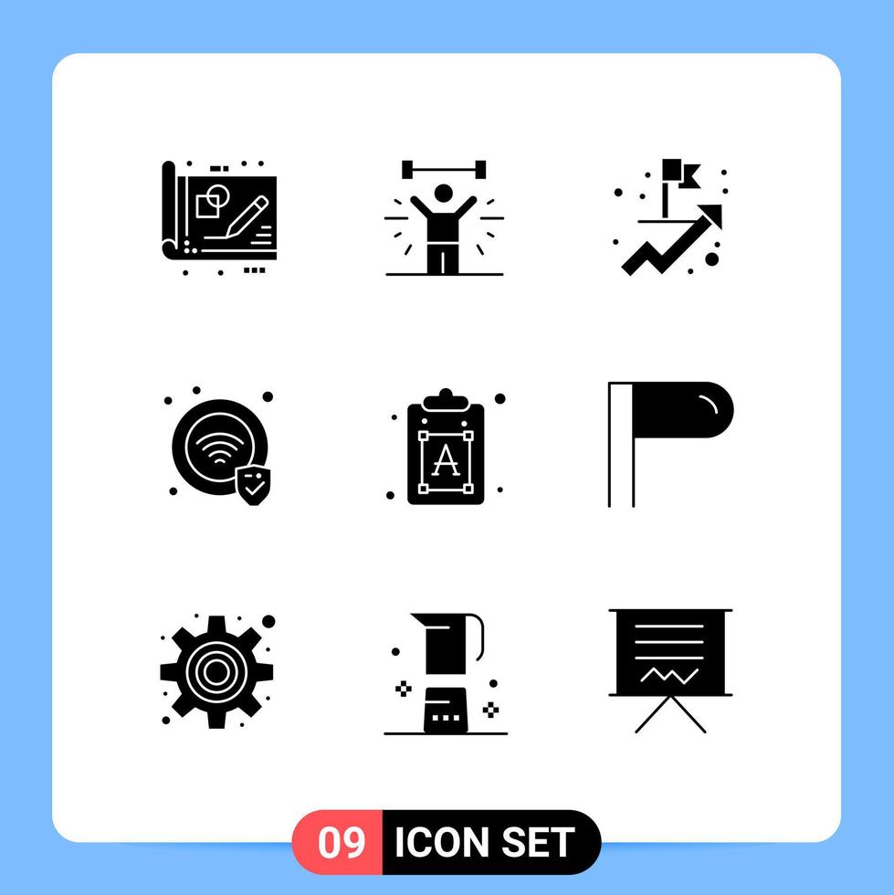 Pack of 9 Modern Solid Glyphs Signs and Symbols for Web Print Media such as process wifi weight security goal Editable Vector Design Elements