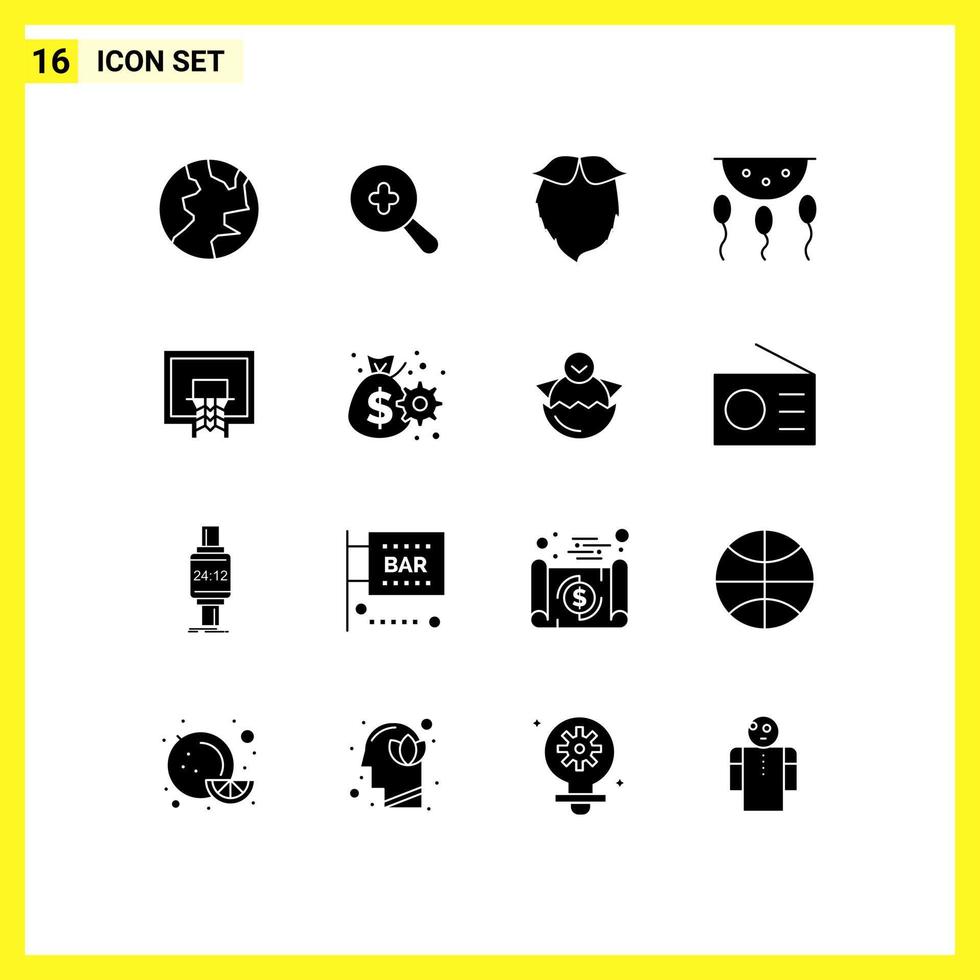 Mobile Interface Solid Glyph Set of 16 Pictograms of basketball process movember laboratory biology Editable Vector Design Elements