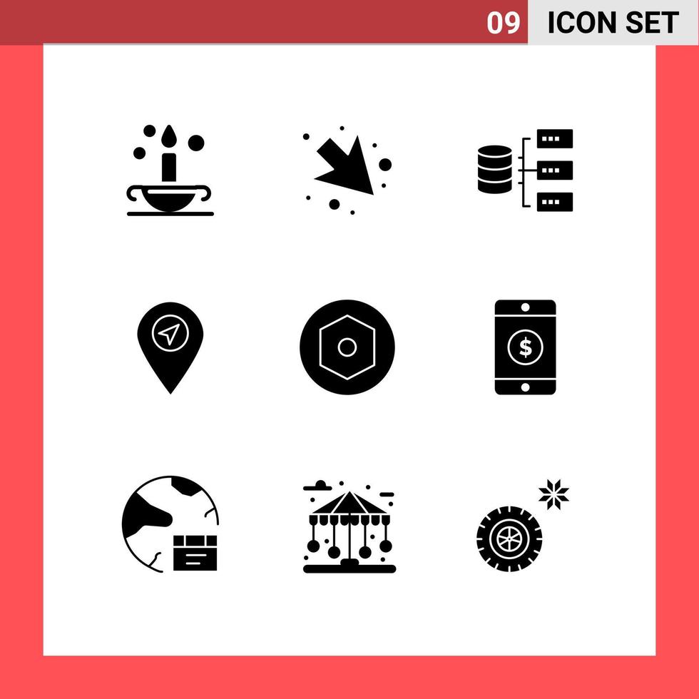 Mobile Interface Solid Glyph Set of 9 Pictograms of dollar nut servers internal map Editable Vector Design Elements