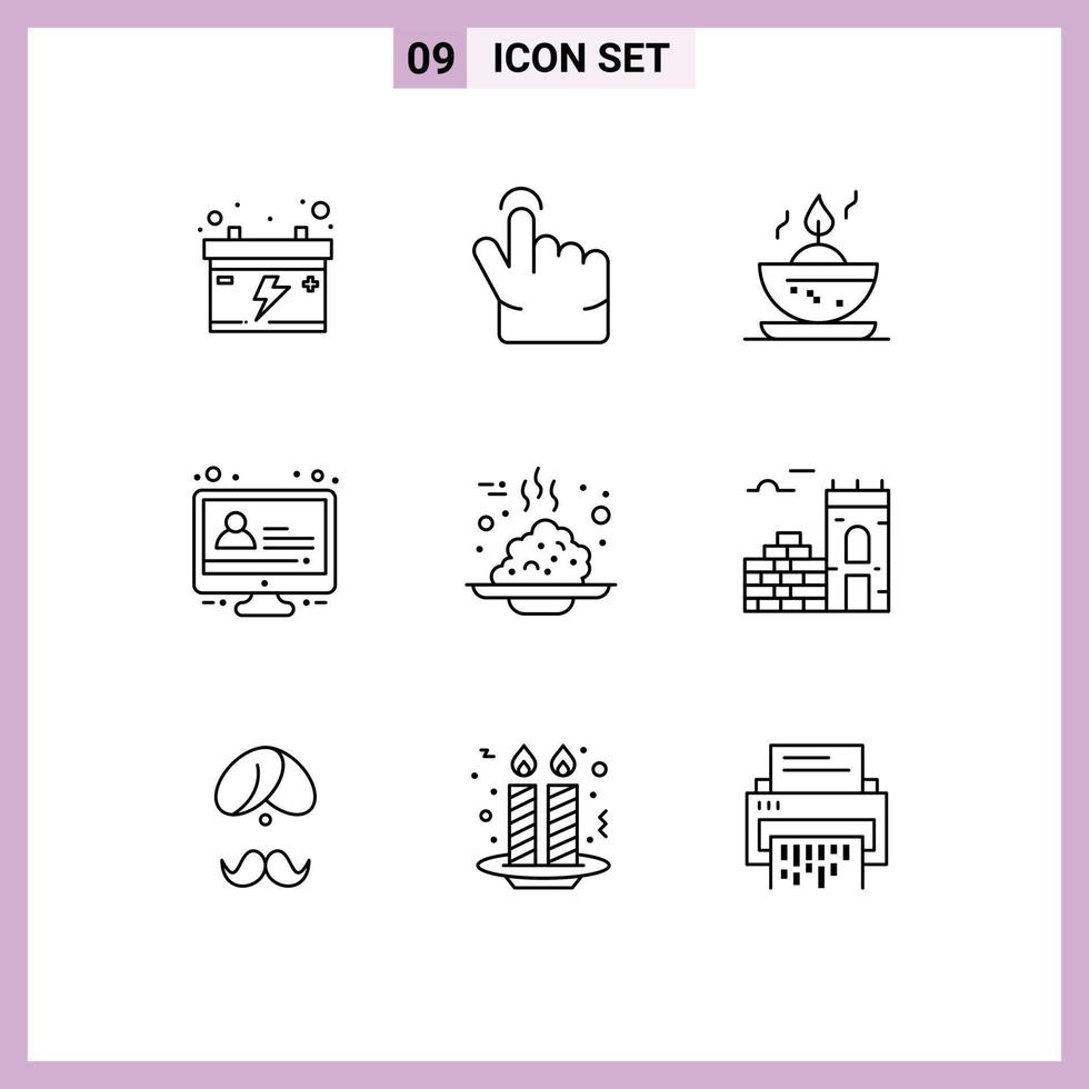 Pack of 9 creative Outlines of wall porridge candle in bowl food breakfast Editable Vector Design Elements