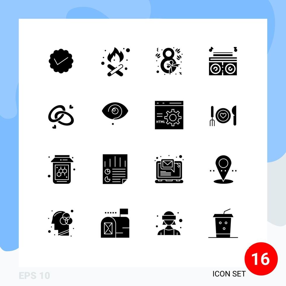 Group of 16 Solid Glyphs Signs and Symbols for wedding ring ring eight radio music Editable Vector Design Elements