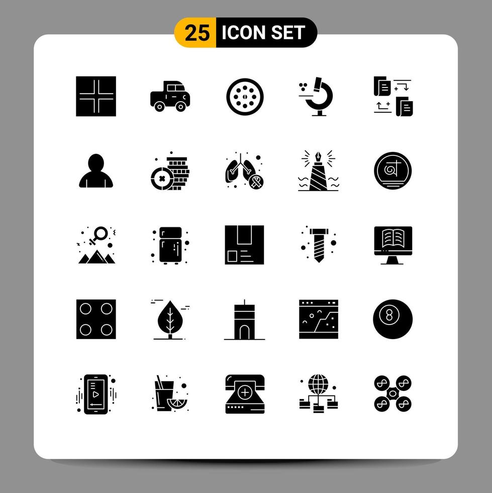 Solid Glyph Pack of 25 Universal Symbols of account transfer mechanical files microscope Editable Vector Design Elements