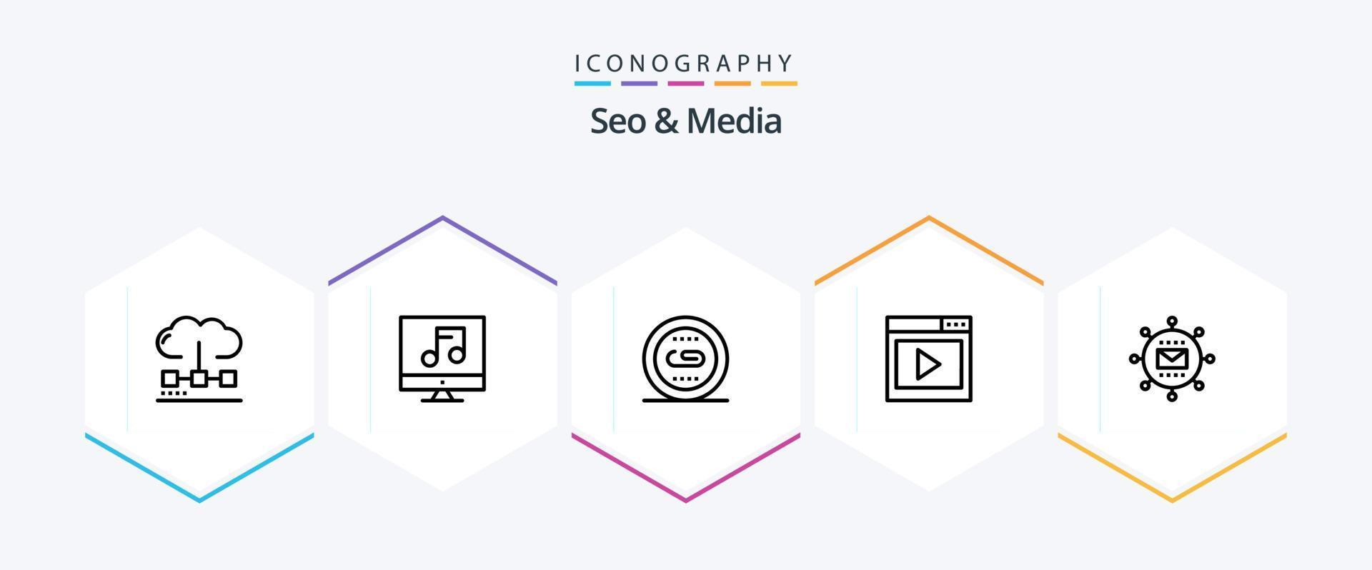 Seo and Media 25 Line icon pack including media page. interface media. video. interface. optimization vector