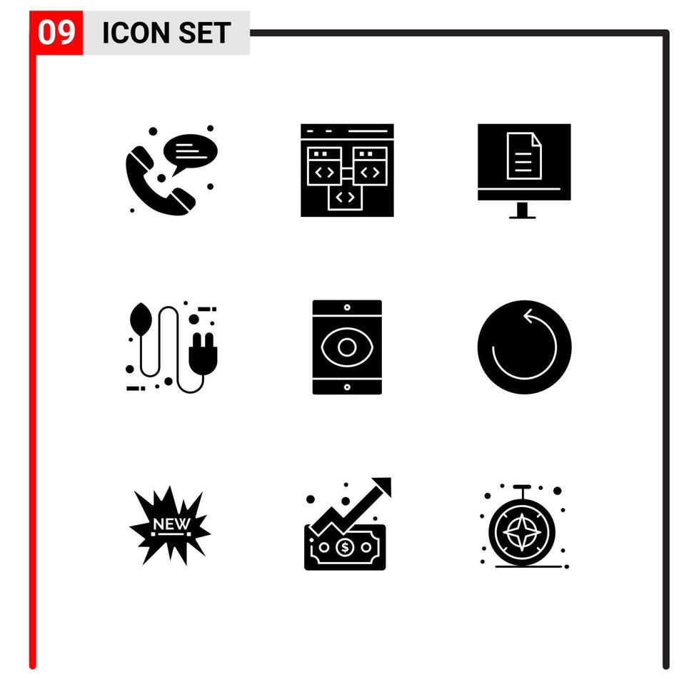 9 paquete de glifos sólidos de interfaz de usuario de signos y símbolos modernos de elementos de diseño de vector editables de escuela de concepto de negocio ecológico de enchufe