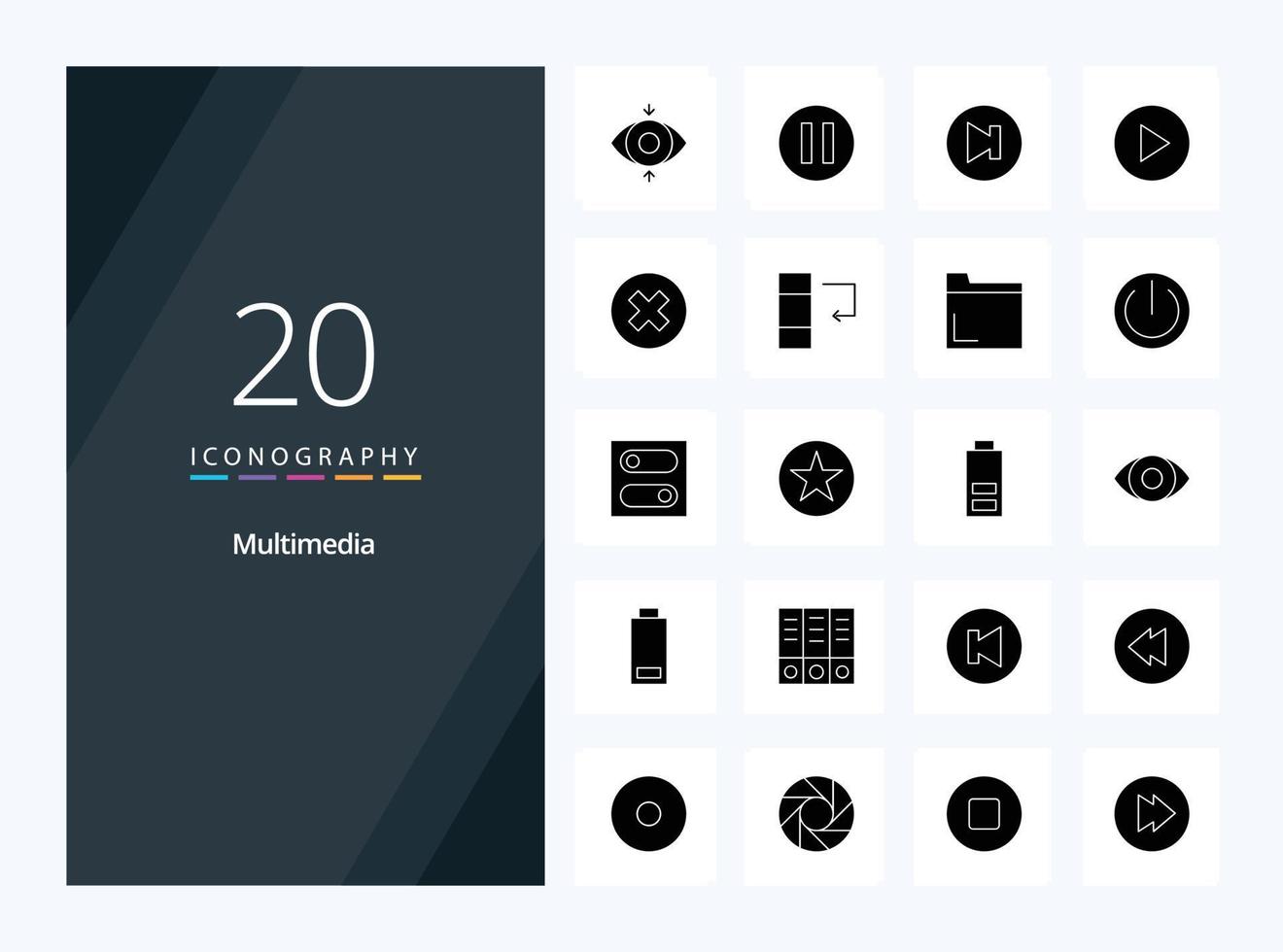 20 icono de glifo sólido multimedia para presentación vector