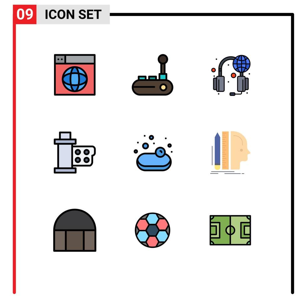 Pack of 9 creative Filledline Flat Colors of reel movie joy pad film world Editable Vector Design Elements