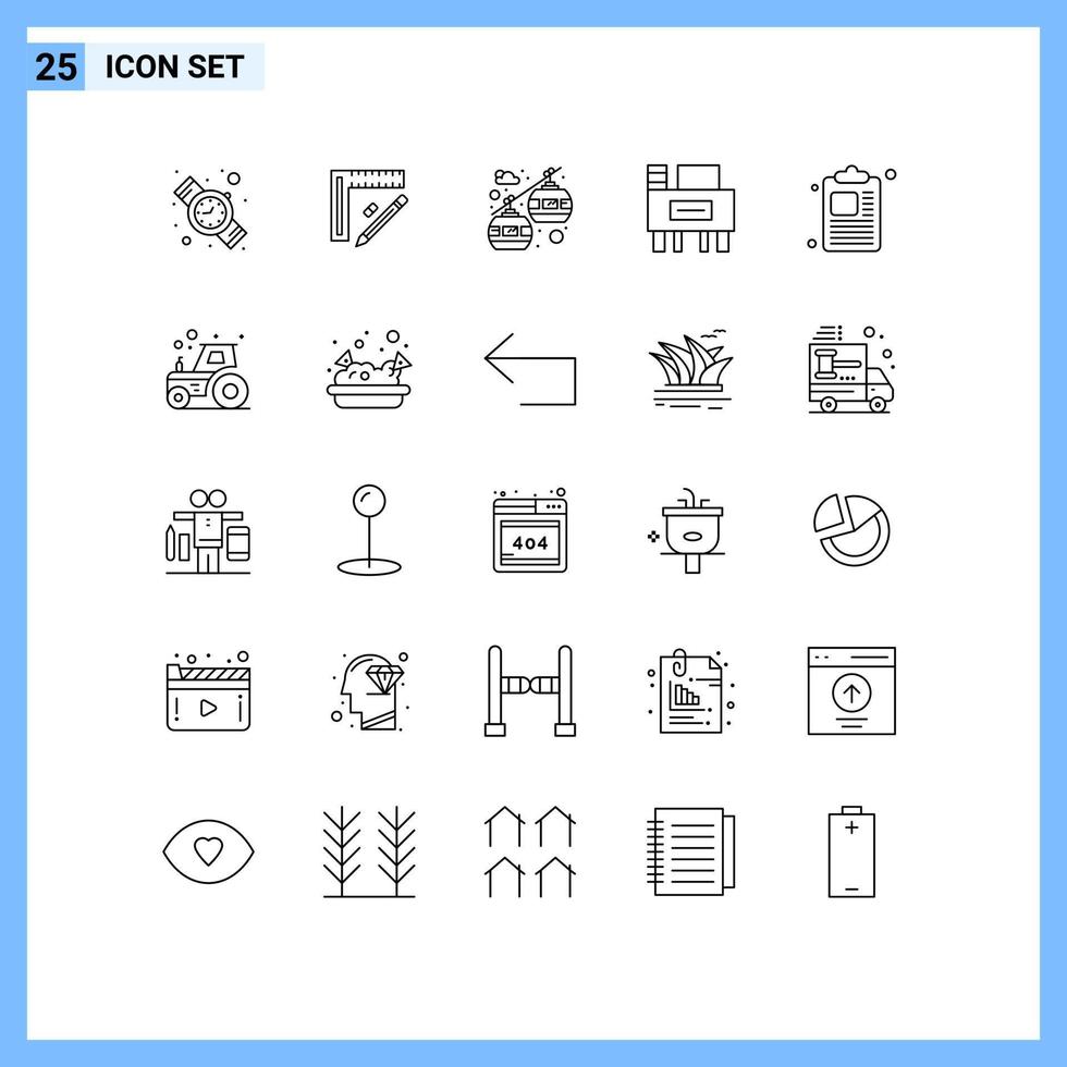 Editable Vector Line Pack of 25 Simple Lines of agriculture clipboard cable car business education Editable Vector Design Elements