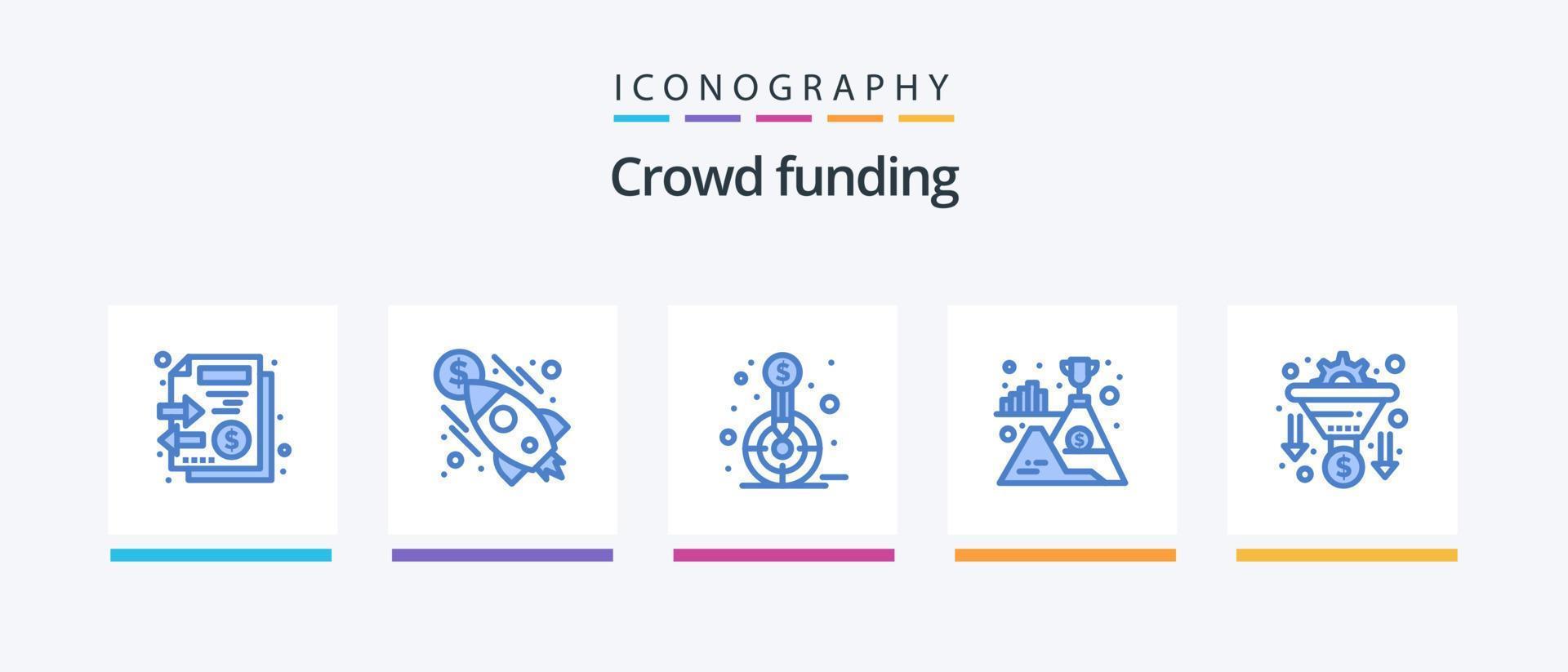 paquete de íconos azules 5 de crowdfunding que incluye conversión. éxito. Finanzas. montaña. objetivo. diseño de iconos creativos vector