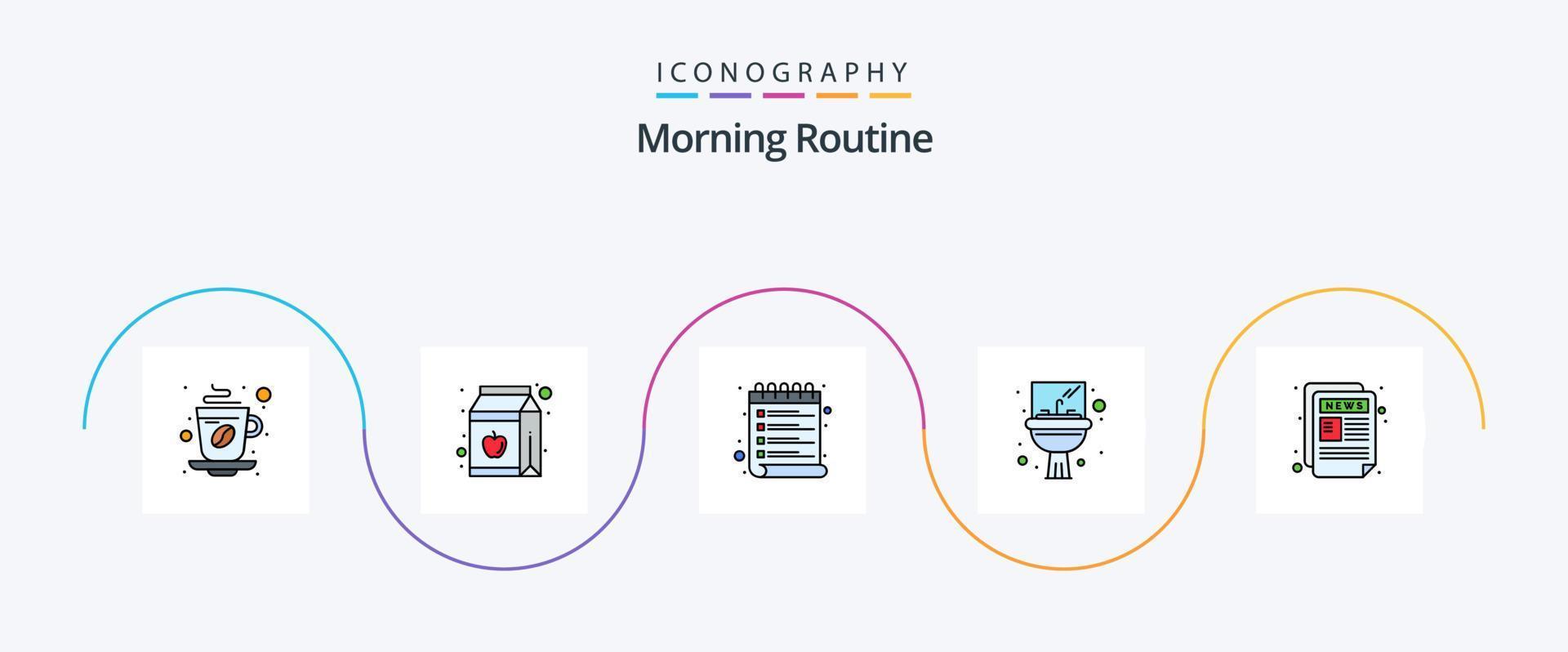 Morning Routine Line Filled Flat 5 Icon Pack Including news. washbasin. bottle. sink. check list vector