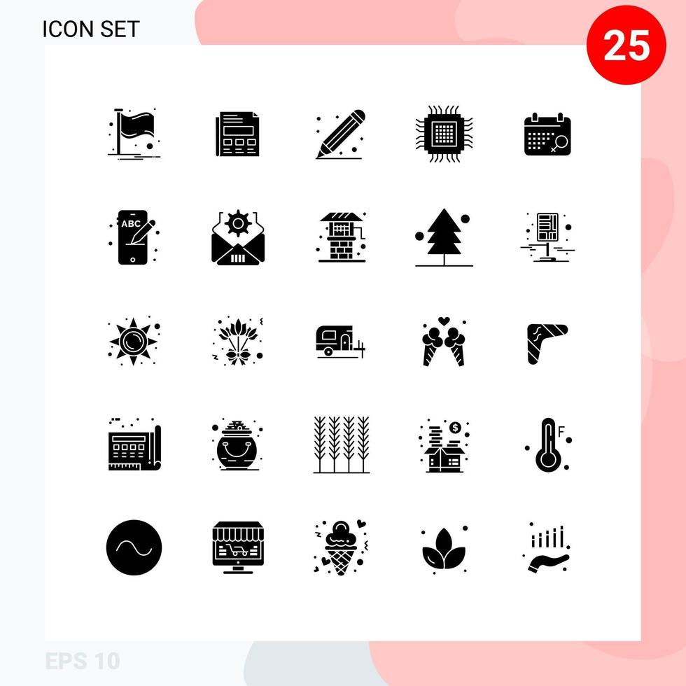 Group of 25 Solid Glyphs Signs and Symbols for calendar database education data big Editable Vector Design Elements