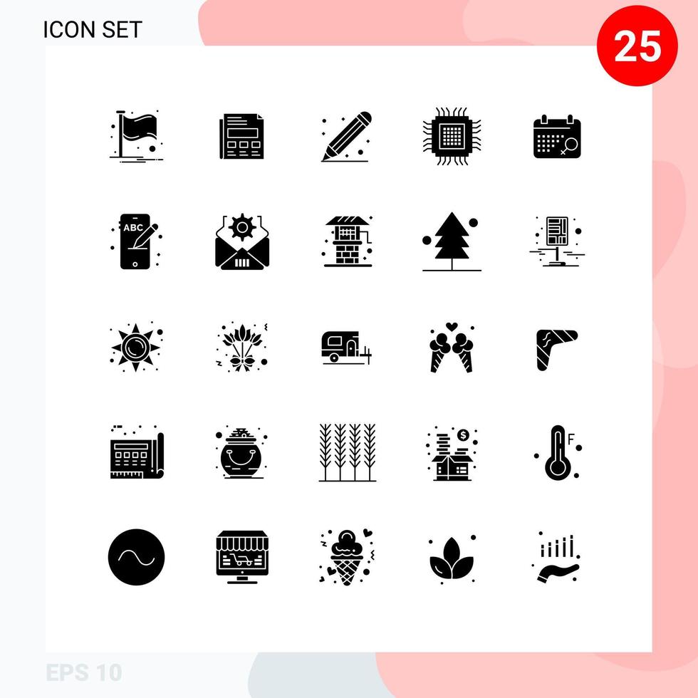 grupo de 25 signos y símbolos de glifos sólidos para datos de educación de bases de datos de calendario grandes elementos de diseño de vectores editables