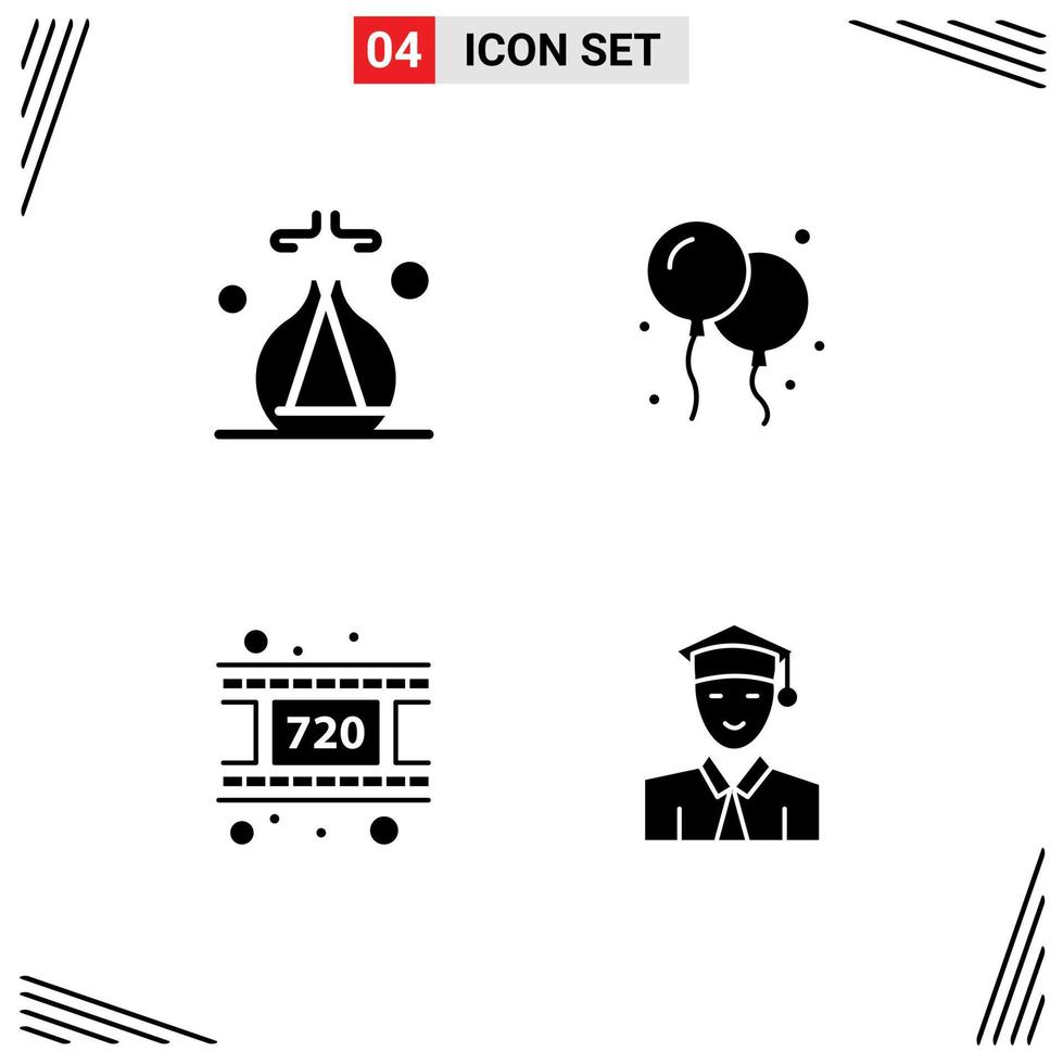 Pack of 4 Modern Solid Glyphs Signs and Symbols for Web Print Media such as incense student balloon movie graduate Editable Vector Design Elements