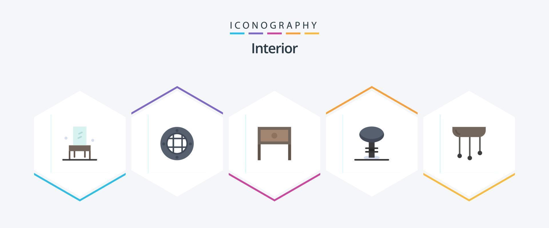 paquete interior de 25 iconos planos que incluye lámpara de araña. interior. fin. mueble. mesa vector