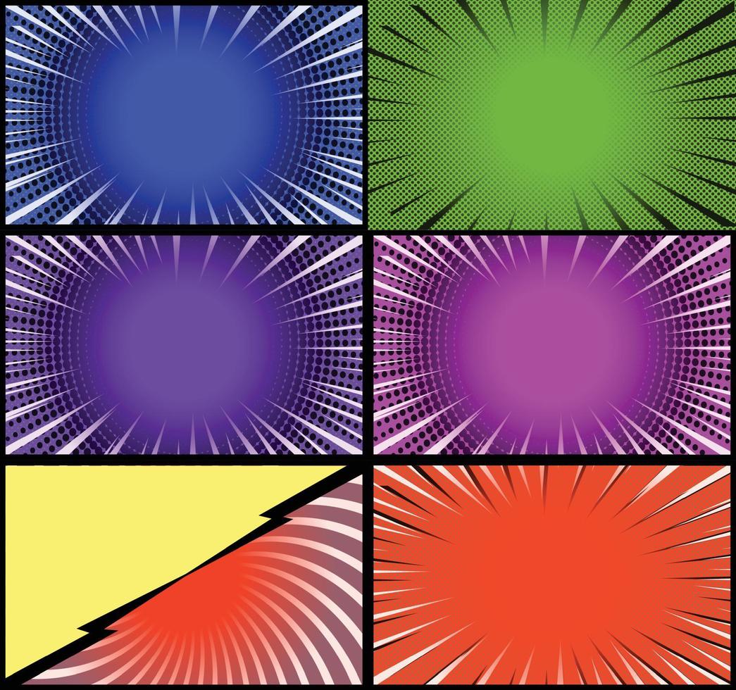 Comic book colorful frames background with halftone rays radial and dotted effects pop art style vector