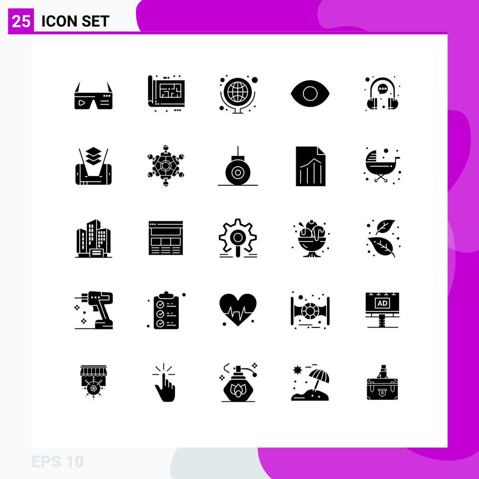 User Interface Pack of 25 Basic Solid Glyphs of chat view plan eye map Editable Vector Design Elements