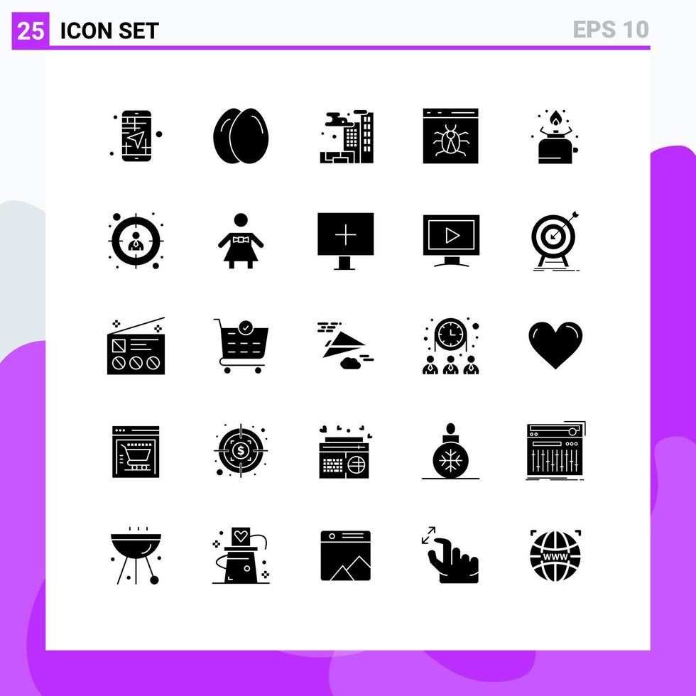 Pack of 25 Modern Solid Glyphs Signs and Symbols for Web Print Media such as cooking development city develop browser Editable Vector Design Elements