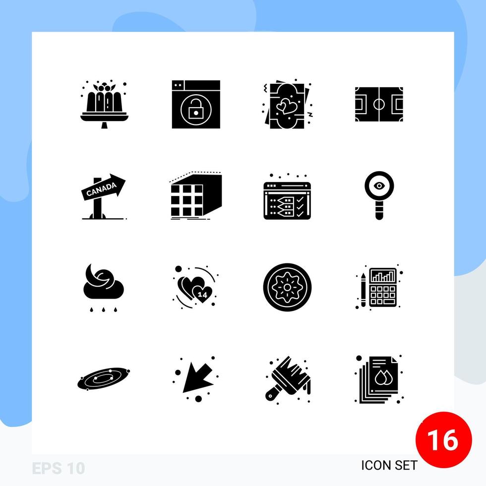 Mobile Interface Solid Glyph Set of 16 Pictograms of canada pitch invite game field Editable Vector Design Elements