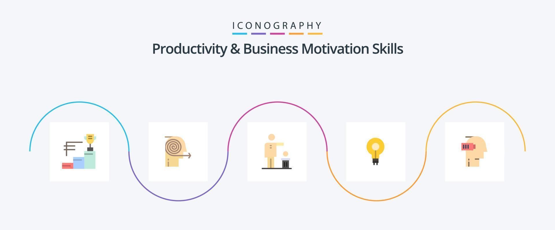 Productivity And Business Motivation Skills Flat 5 Icon Pack Including insight. glow. focusing. bulb. recycling vector