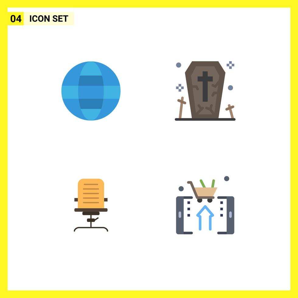 Set of 4 Vector Flat Icons on Grid for globe arm world ghost chair Editable Vector Design Elements