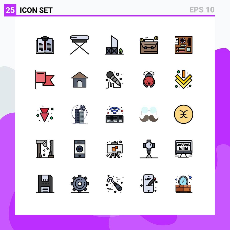 25 User Interface Filled line Flat Color Pack of modern Signs and Symbols of computer dollar beach case bag Editable Vector Design Elements
