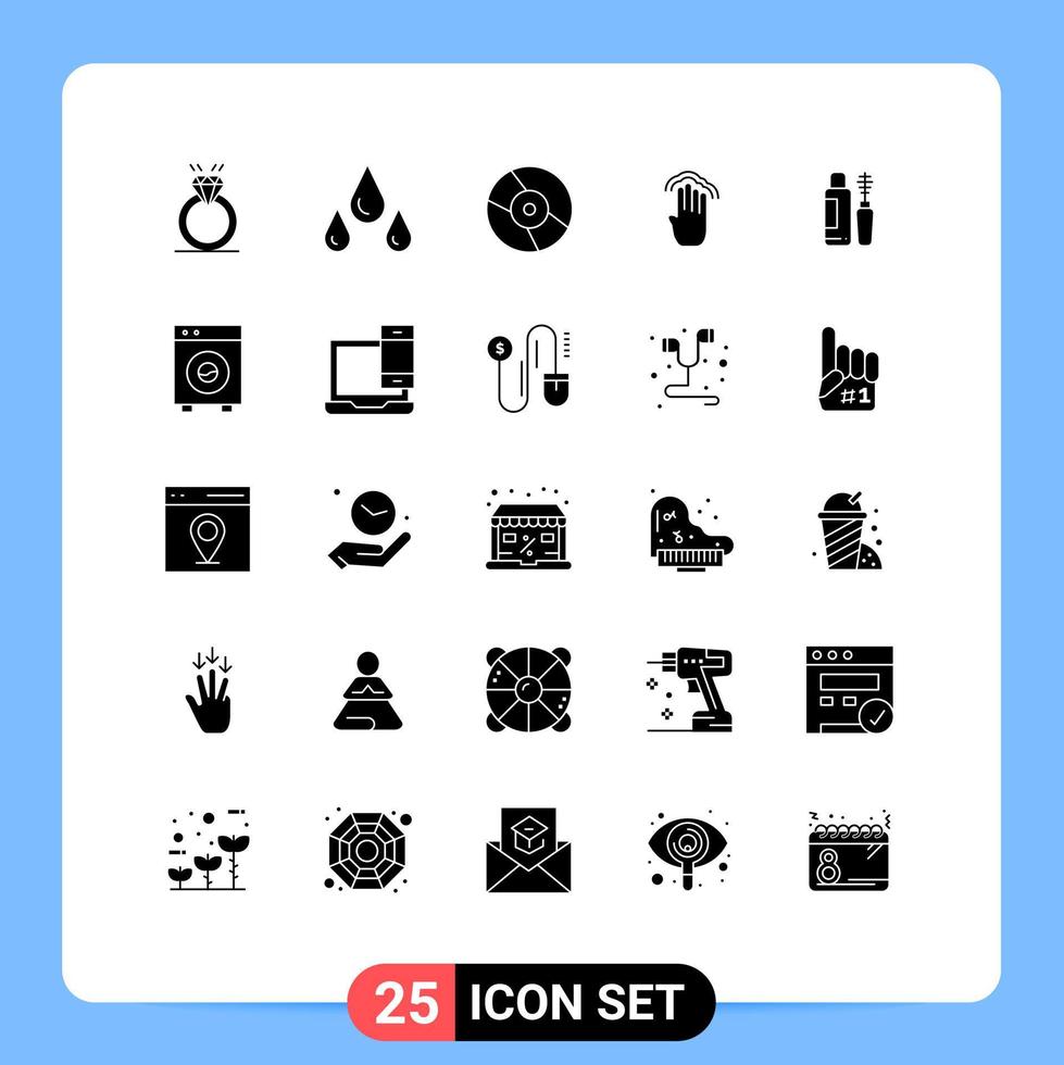 conjunto moderno de 25 glifos y símbolos sólidos, como la interfaz maskara, gestos de cd, dedos, elementos de diseño vectorial editables vector