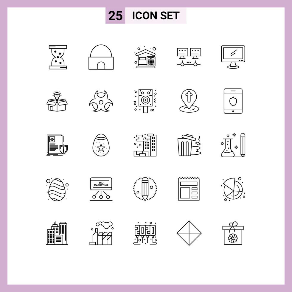 User Interface Pack of 25 Basic Lines of monitor server bills network house Editable Vector Design Elements