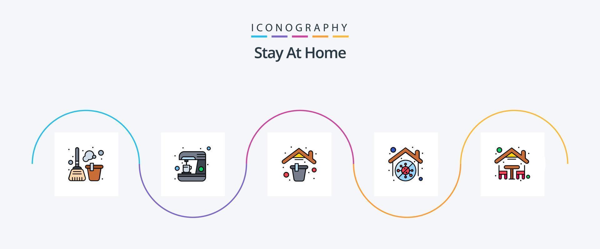 Stay At Home Line Filled Flat 5 Icon Pack Including dinner. quarantine. cleaning. home. deep clean vector