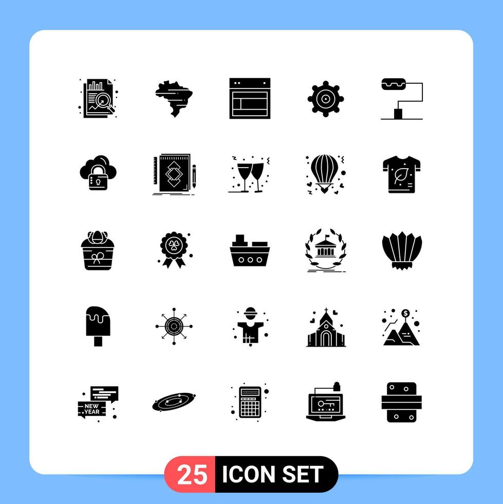 Group of 25 Solid Glyphs Signs and Symbols for loucked network site cloud gear Editable Vector Design Elements