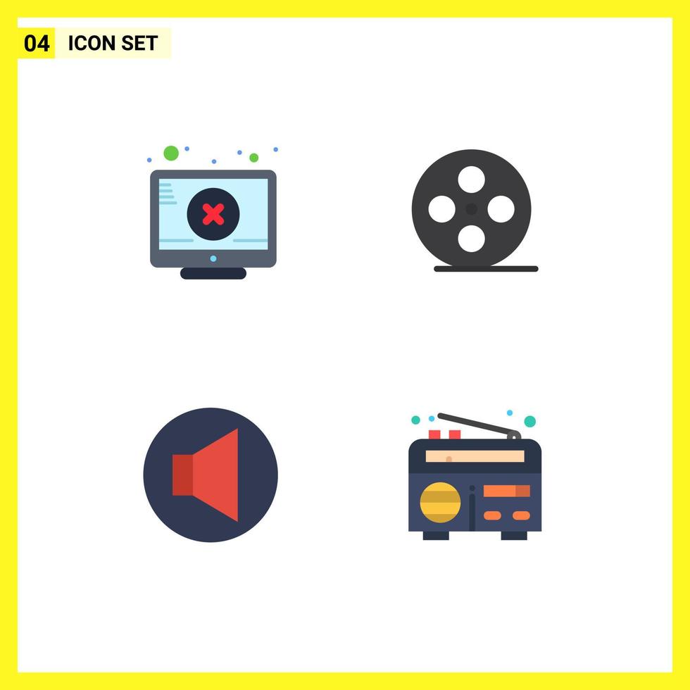 Universal Icon Symbols Group of 4 Modern Flat Icons of screen speaker attention movie frequency Editable Vector Design Elements