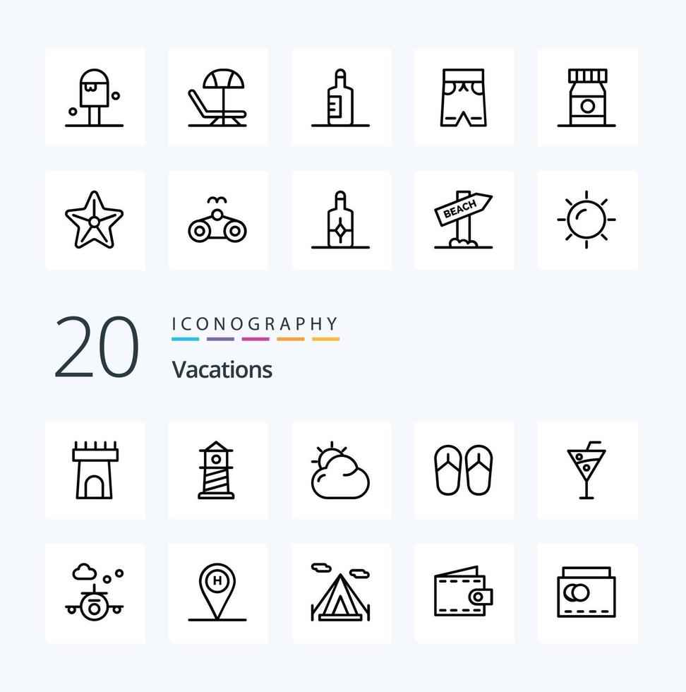 paquete de iconos de línea de 20 vacaciones como sol de playa de pie vector