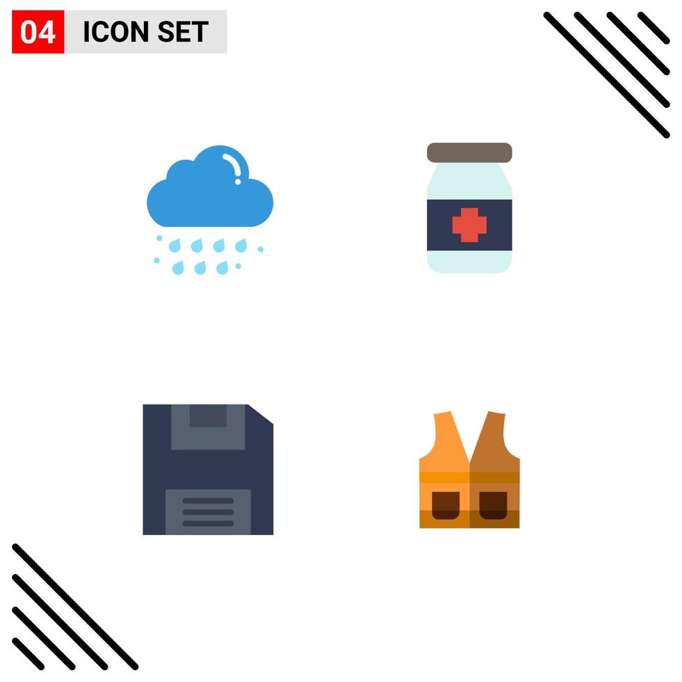 grupo de 4 iconos planos modernos establecidos para elementos de diseño de vectores editables de chaqueta de tabletas de ahorro de tiempo en la nube