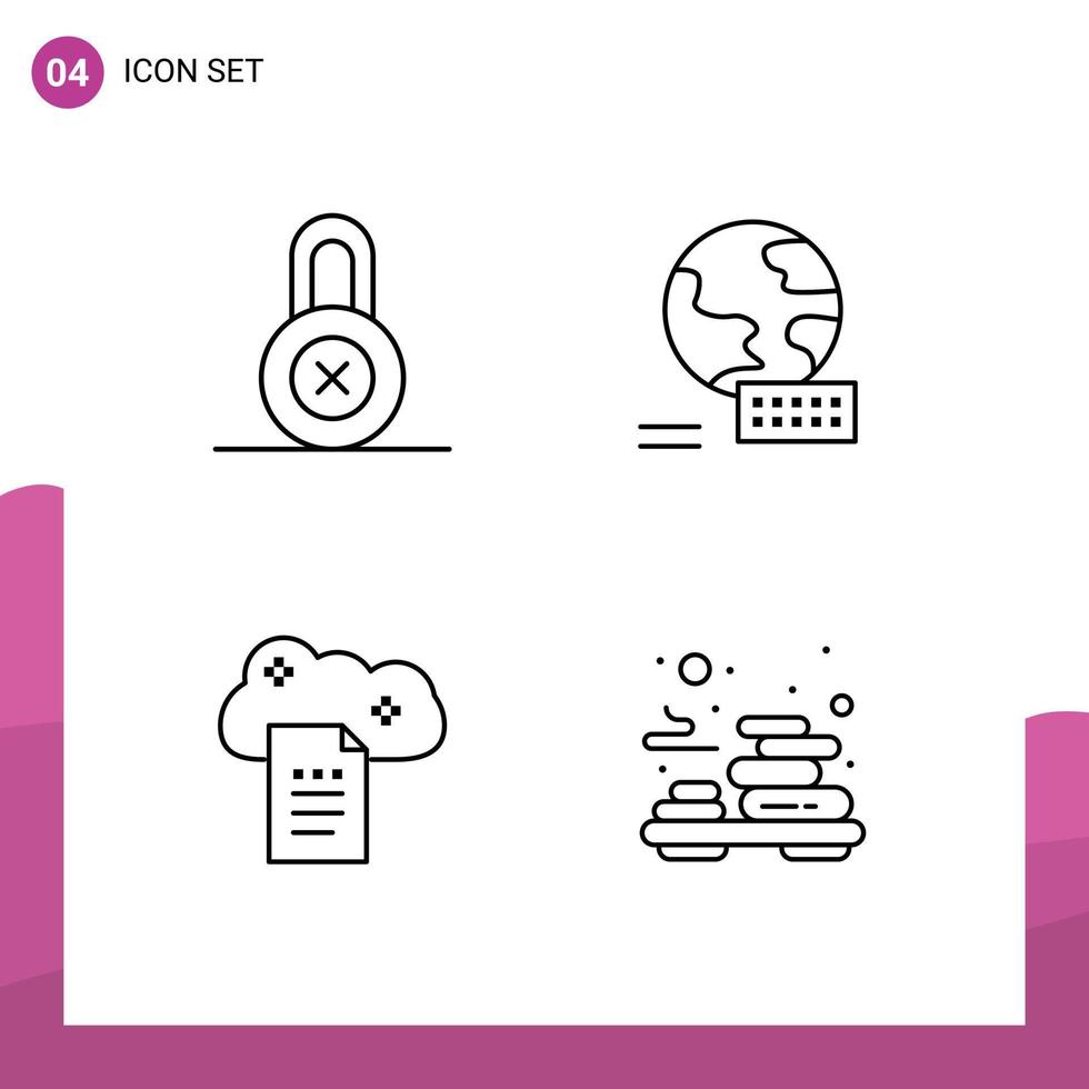 Set of 4 Modern UI Icons Symbols Signs for lock online docs world cloud reporting relax Editable Vector Design Elements