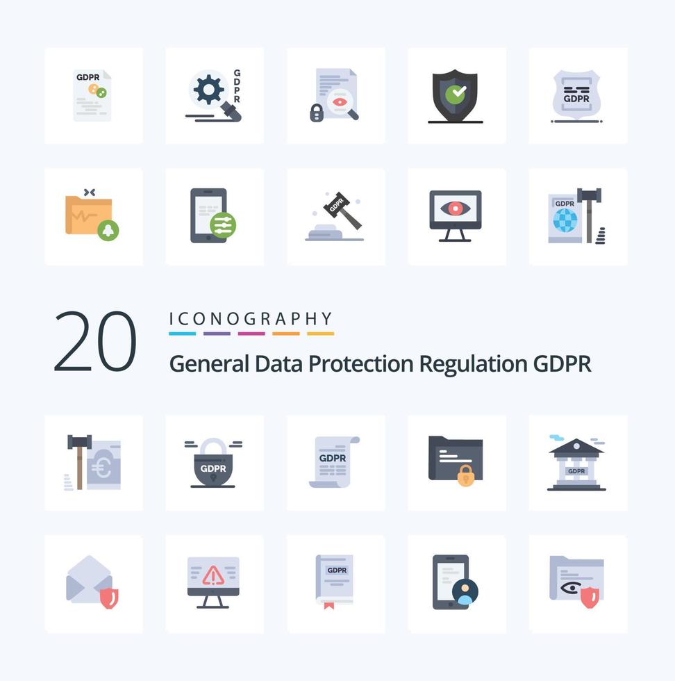 paquete de iconos de color plano de 20 gdpr como documento gdpr de consentimiento de bloqueo bancario vector