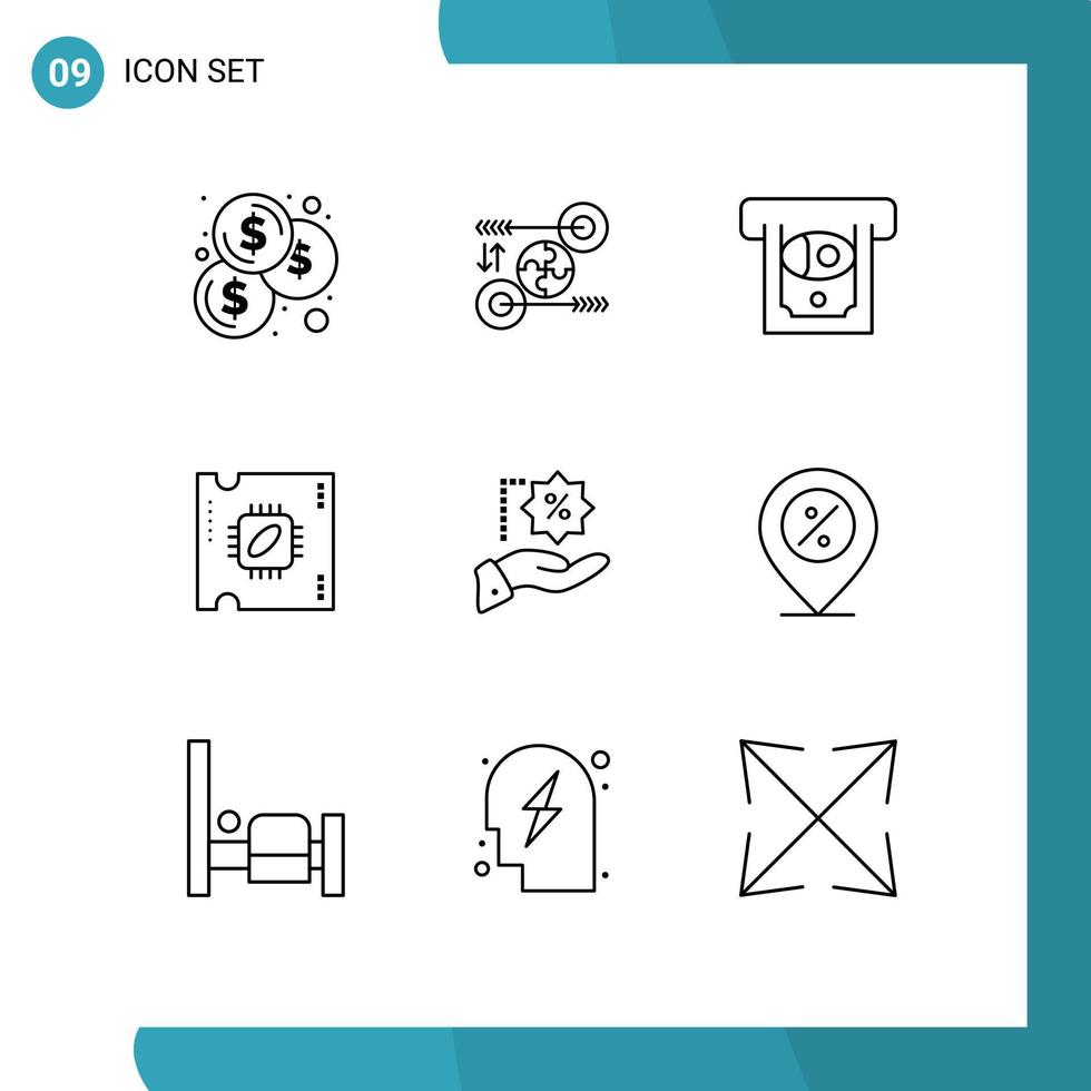 Pictogram Set of 9 Simple Outlines of sale discount atm processor chip microchip Editable Vector Design Elements