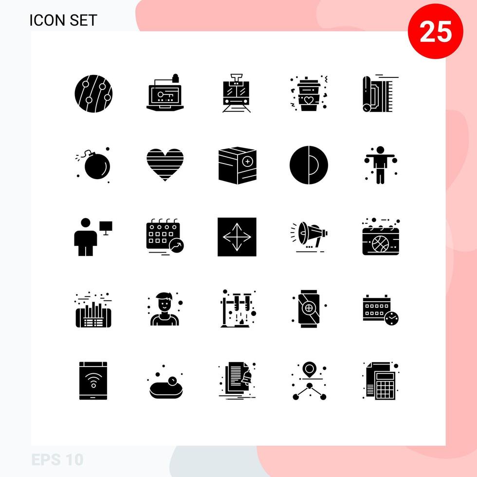 25 Thematic Vector Solid Glyphs and Editable Symbols of long cup key coffee service Editable Vector Design Elements