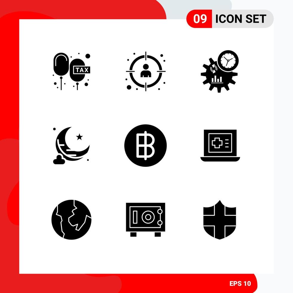 9 Universal Solid Glyph Signs Symbols of baht new moon target moon management Editable Vector Design Elements