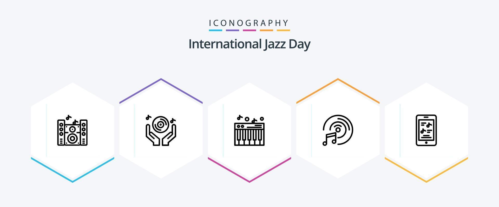 paquete de iconos de 25 líneas del día internacional del jazz que incluye multimedia. disco compacto. música . piano vector