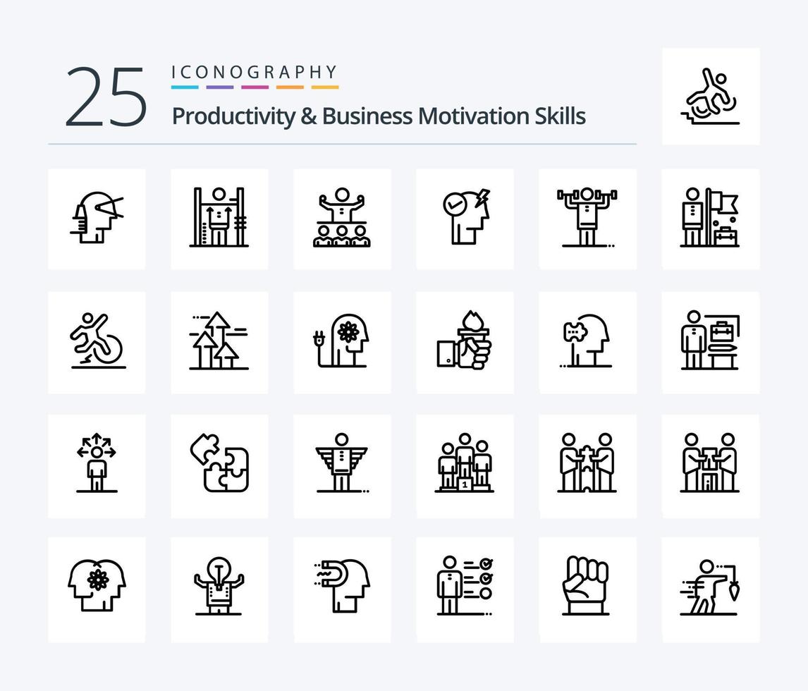 Productivity And Business Motivation Skills 25 Line icon pack including power. brain. improvement. team. mentor vector