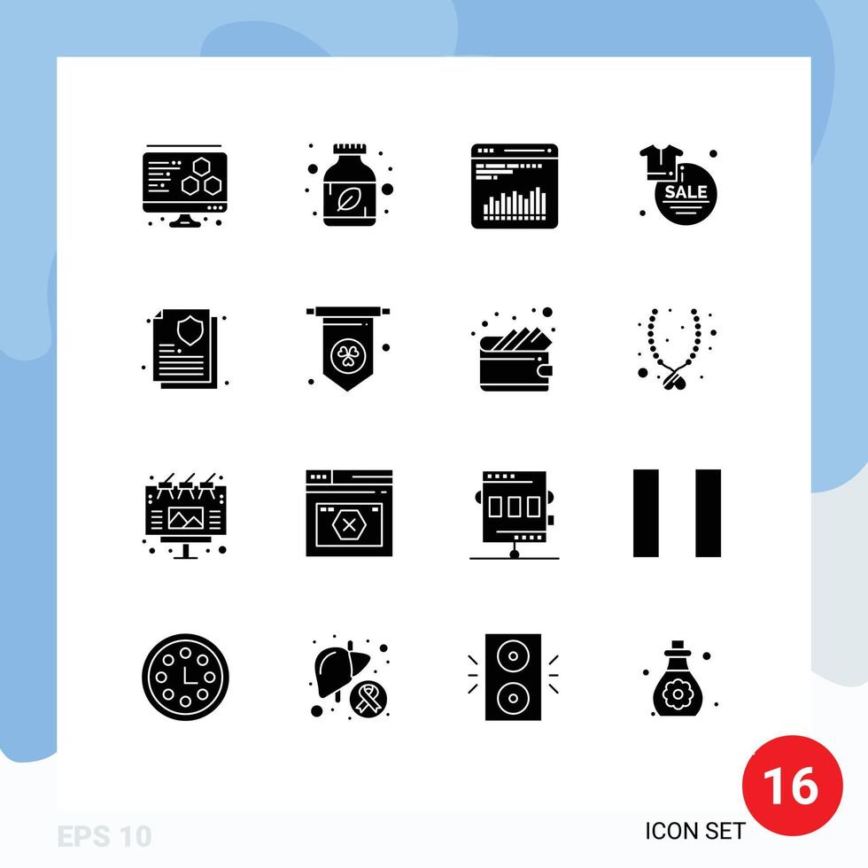 Set of 16 Commercial Solid Glyphs pack for document guarantee chart shirt fashion Editable Vector Design Elements