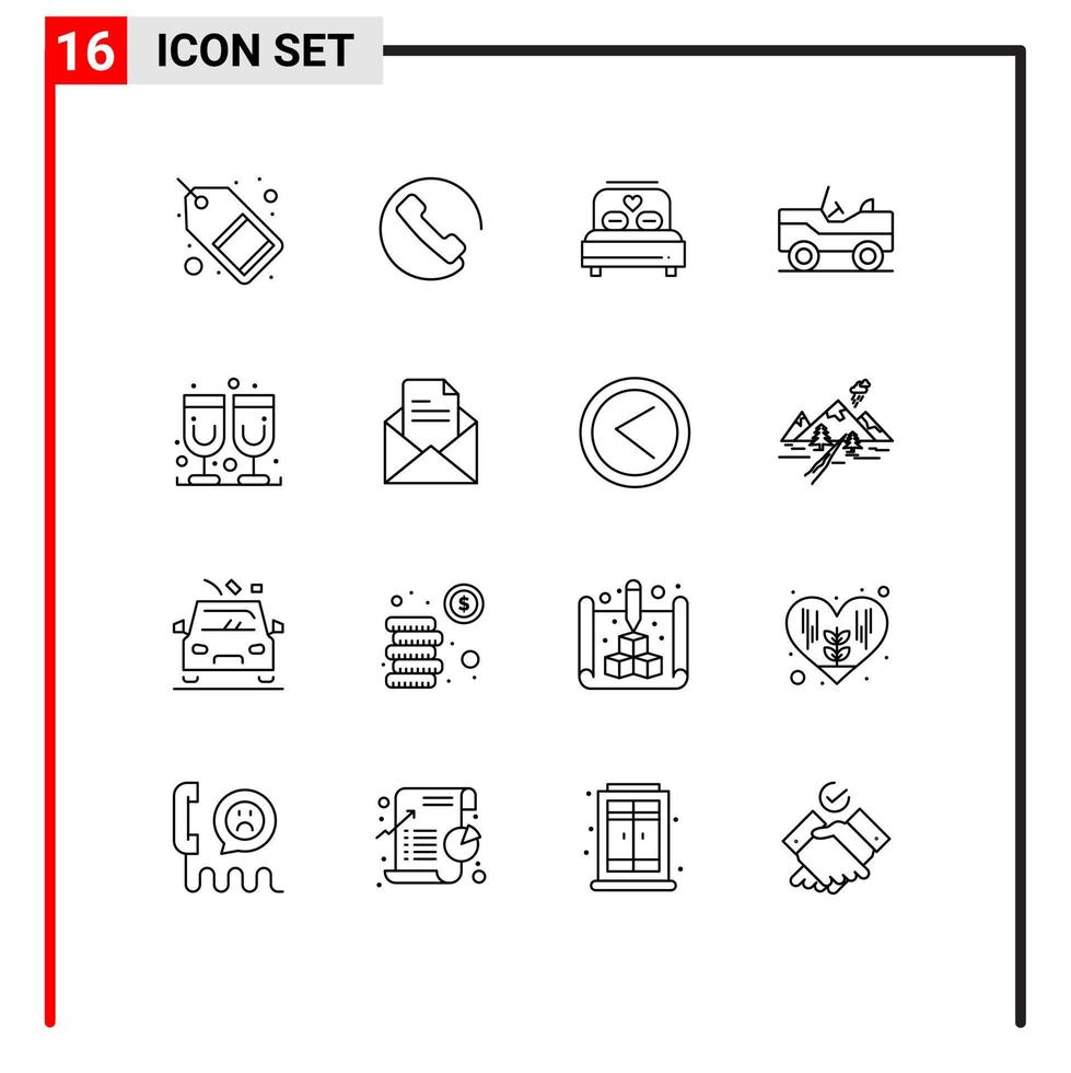 16 User Interface Outline Pack of modern Signs and Symbols of juice glass glass bed van military Editable Vector Design Elements