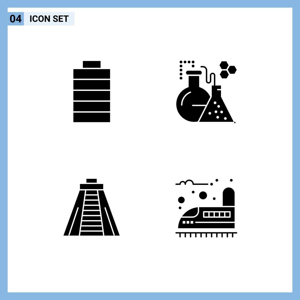 Mobile Interface Solid Glyph Set of 4 Pictograms of battery monument flask tube railway Editable Vector Design Elements