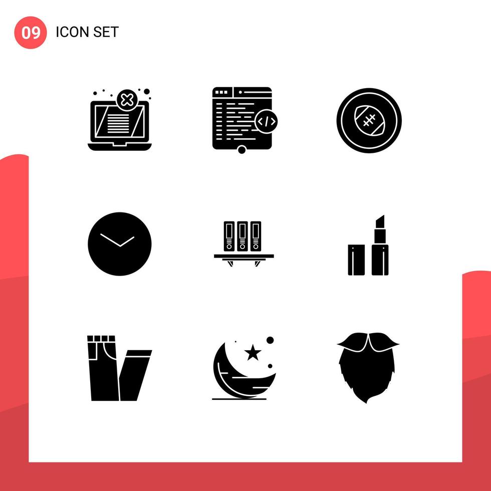 Group of 9 Modern Solid Glyphs Set for clock watch coding basic rugby posts Editable Vector Design Elements