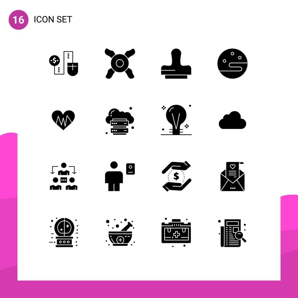 16 Universal Solid Glyph Signs Symbols of cloud heartbeat press heart weather Editable Vector Design Elements