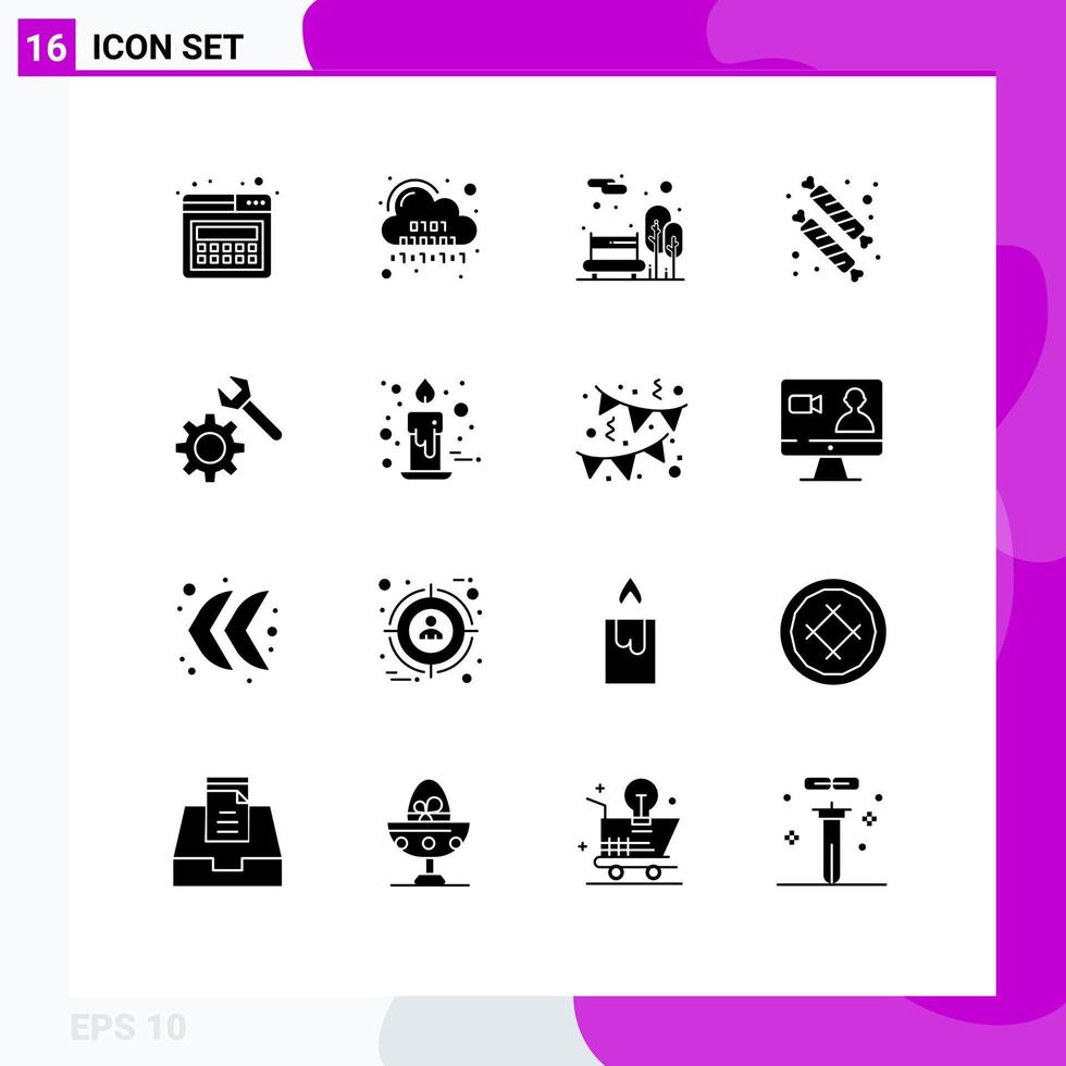 Pictogram Set of 16 Simple Solid Glyphs of wrench food bench dessert candies Editable Vector Design Elements