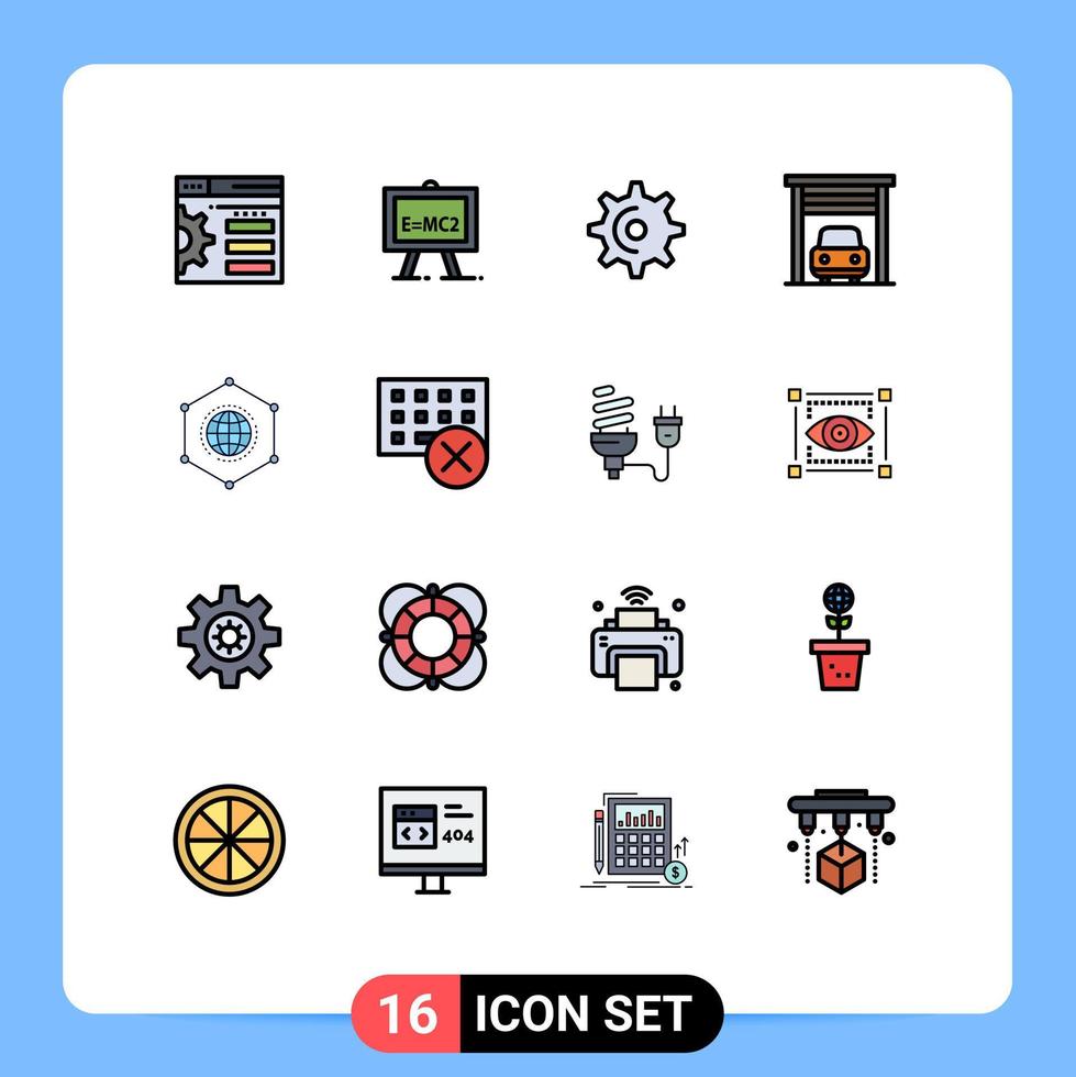 Modern Set of 16 Flat Color Filled Lines and symbols such as connection global gear network garage Editable Creative Vector Design Elements