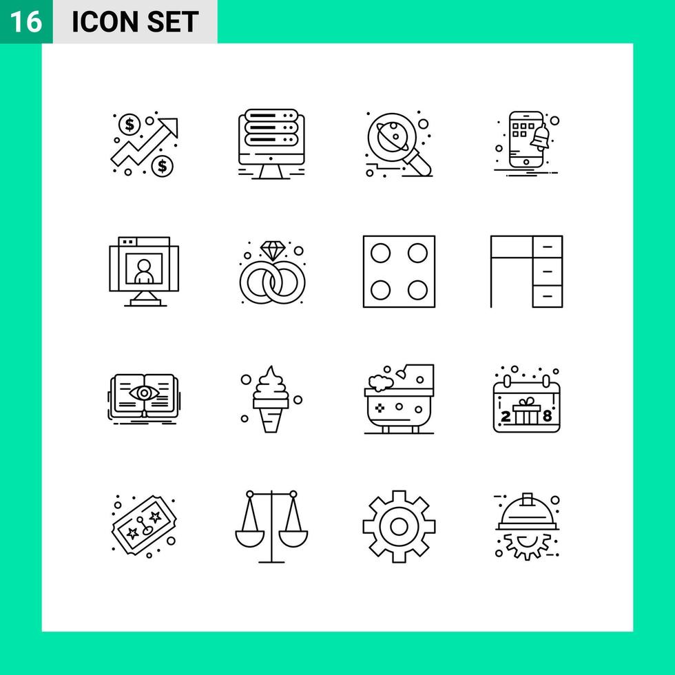 grupo de 16 esboza signos y símbolos para comunicaciones espacio de notificación de astronomía de teléfonos inteligentes elementos de diseño de vectores editables