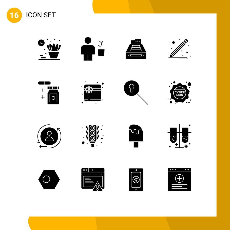 Mobile Interface Solid Glyph Set of 16 Pictograms of tablet pencil files storage database Editable Vector Design Elements