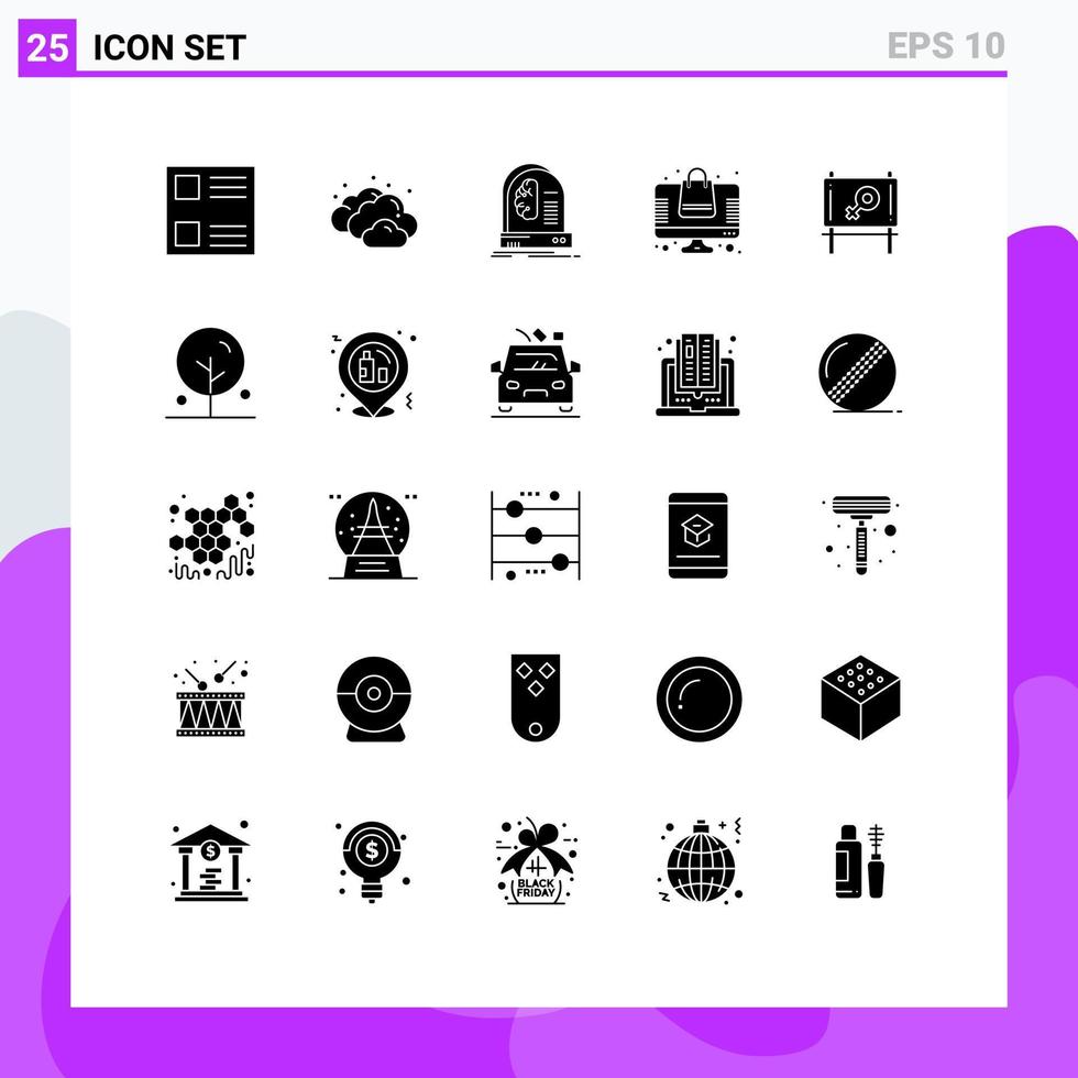 Pack of 25 Modern Solid Glyphs Signs and Symbols for Web Print Media such as message board future online store online Editable Vector Design Elements