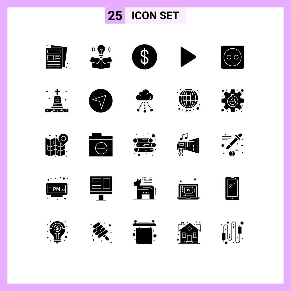 User Interface Pack of 25 Basic Solid Glyphs of power eco dollar plug board video Editable Vector Design Elements