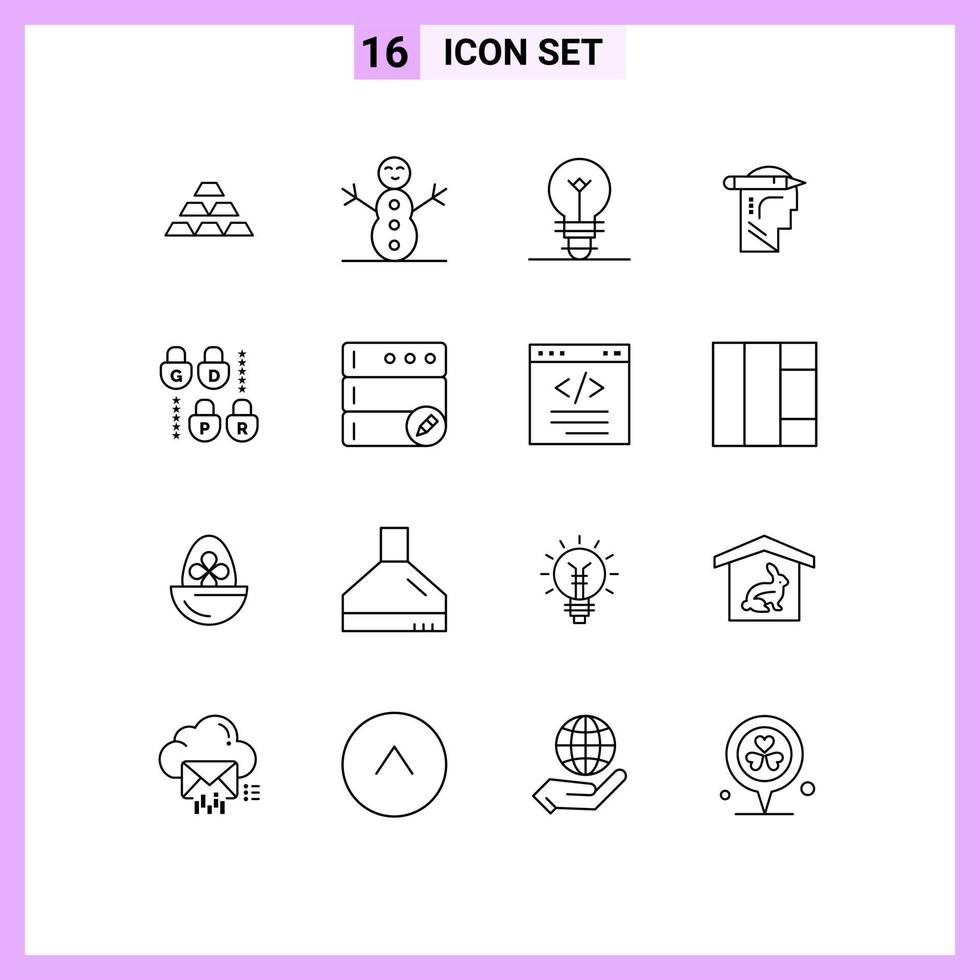 Pictogram Set of 16 Simple Outlines of lock write winter thinking head Editable Vector Design Elements